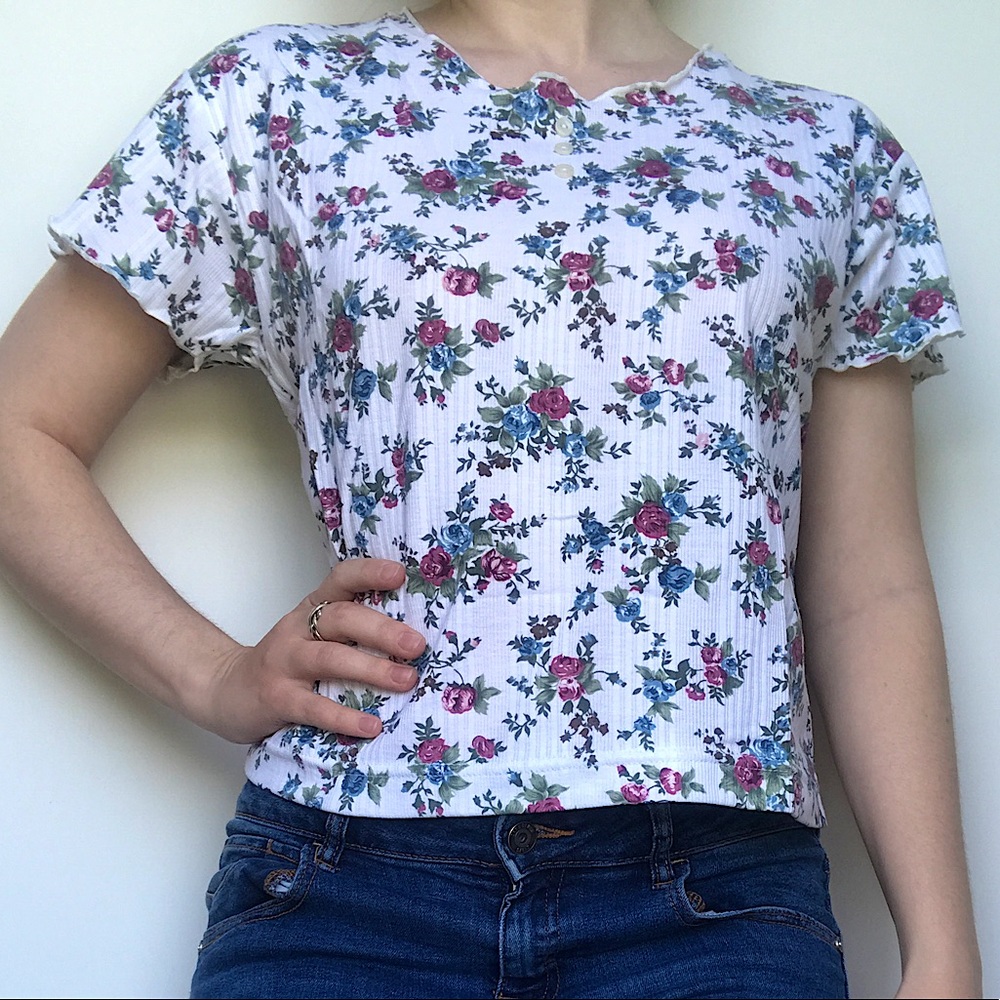 Floral Rose Top w/ Lettuce Hem Cute Blue Purple